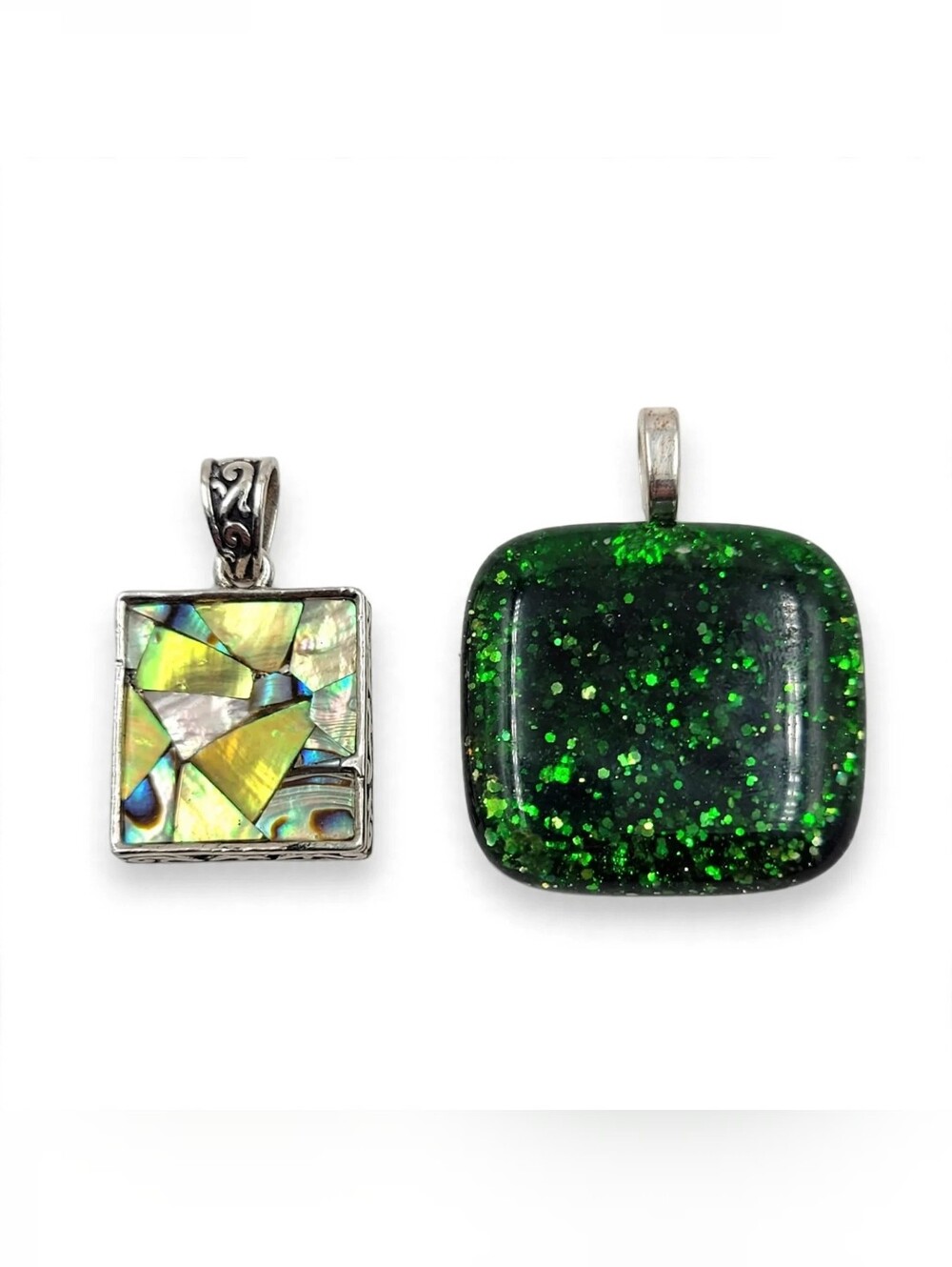 Lot 2 Square Pendants Dichroic Glass Glitter & Bali Mosaic Abalone Boho